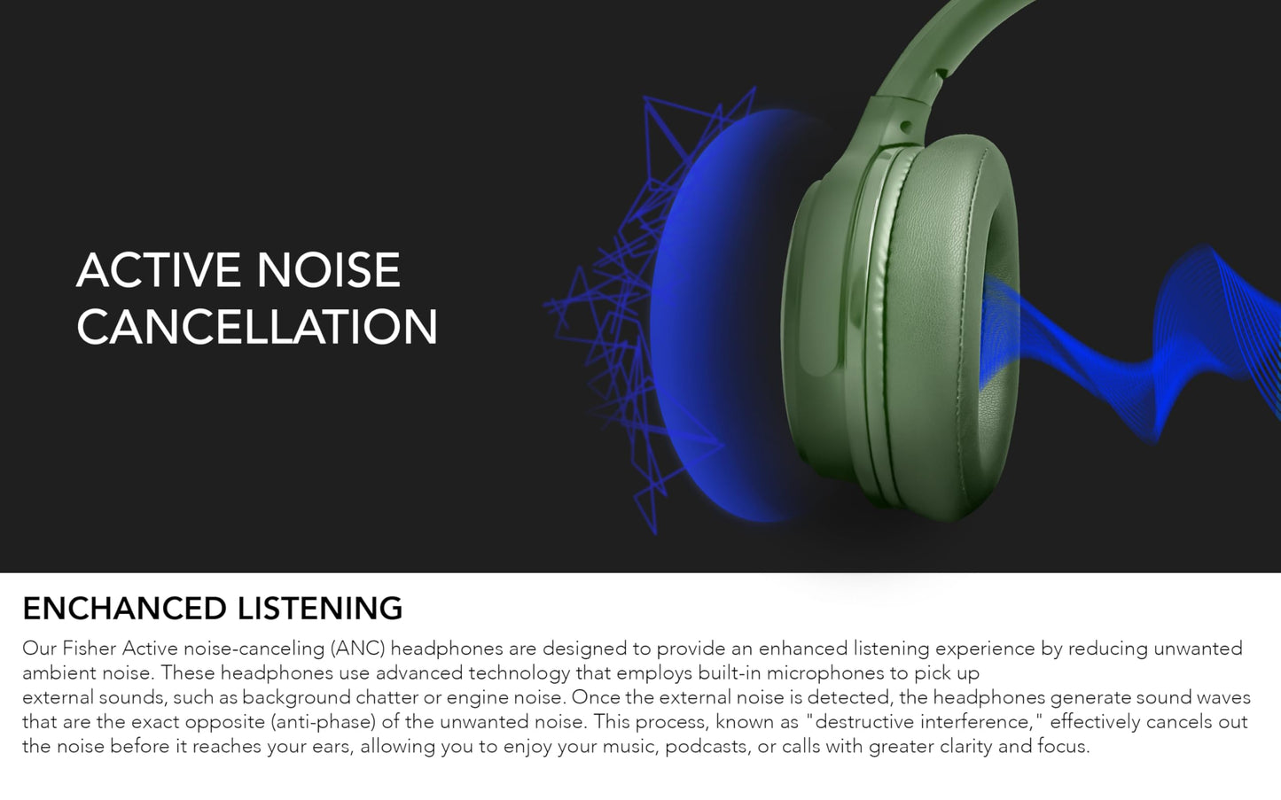 Fisher Pro Active Noise Cancelling Headphones, Over Ear Wireless Bluetooth 5.3, Microphone, Lightweight Comfortable Headset for Home Travel, 16H Playtime, Rechargeable, Hi-Res Sound Audio, Deep Bass
