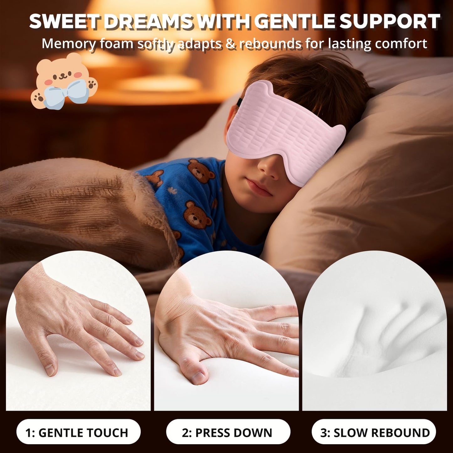 3D Kids Sleep Mask – Cute Bear Eye Mask for Sleeping, Comfortable Memory Foam Sleep Mask for Kids, Adjustable Strap and Lightweight Sleeping Mask for Boys Girls Teens Ages 5-15 (Light Pink)