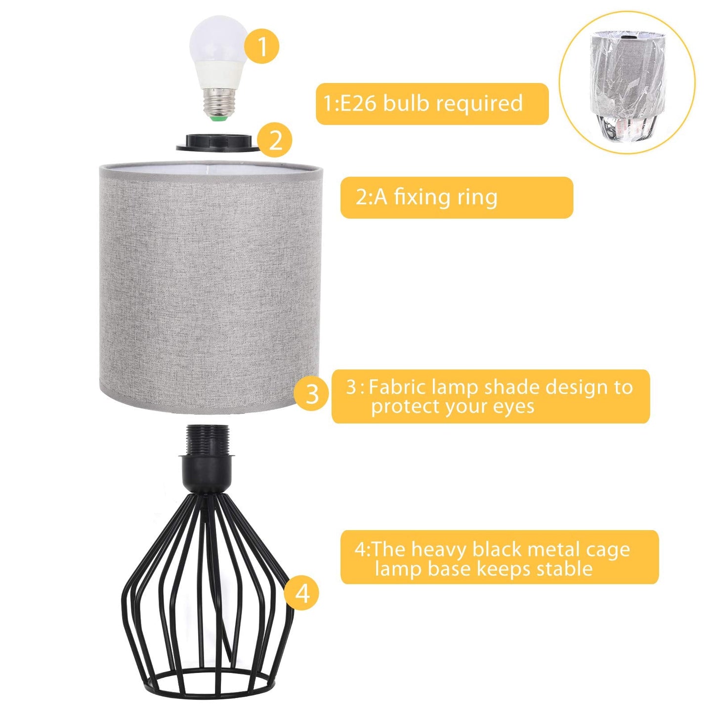 Haitral Farmhouse Table Lamp - Small Gray Metal Cage Nightstand Lamp, 14.6X7.09X6.3, Model Ht-Btl47