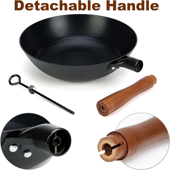 Pre-coated non-stick cast iron wok with wooden handle (no lid), suitable for gas, induction, and electric stoves, easy to use and maintain (12 inches)