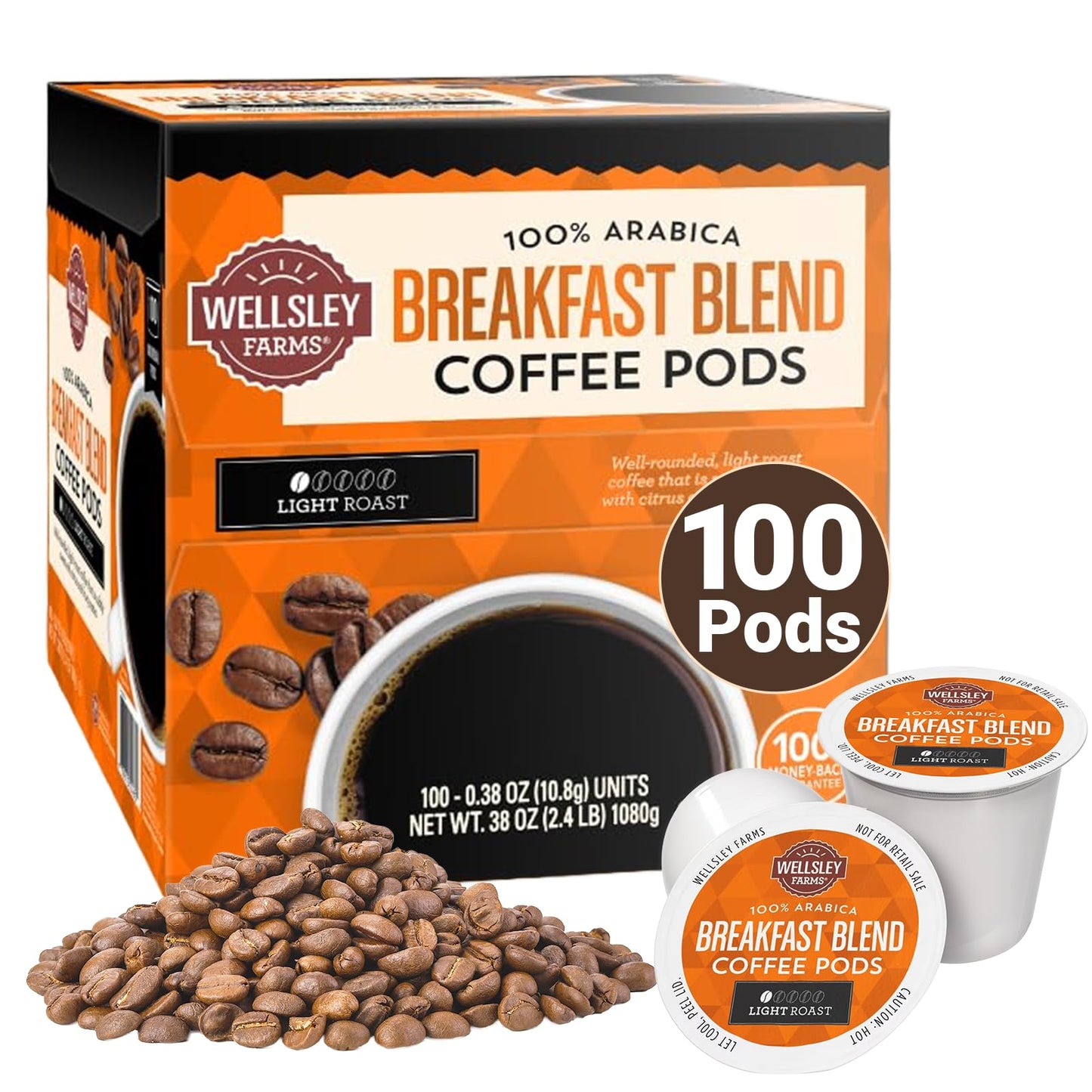 Wellsley Farms Breakfast Blend Coffee Pods - Light Roast - Crafted with 100% Arabica Coffee - Subtly Sweet with Citrus & Fruity Notes - Compatible w/ Single Serve malt-inspired - 38oz  Coffee Pods 100 Count
