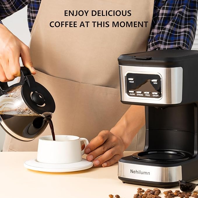 5-6 Cup Programmable Coffee Machine, Reusable Filter, Coffee Pot, Water Level Indicator, Automatic Shut-Off, Black&Stainless Steel
