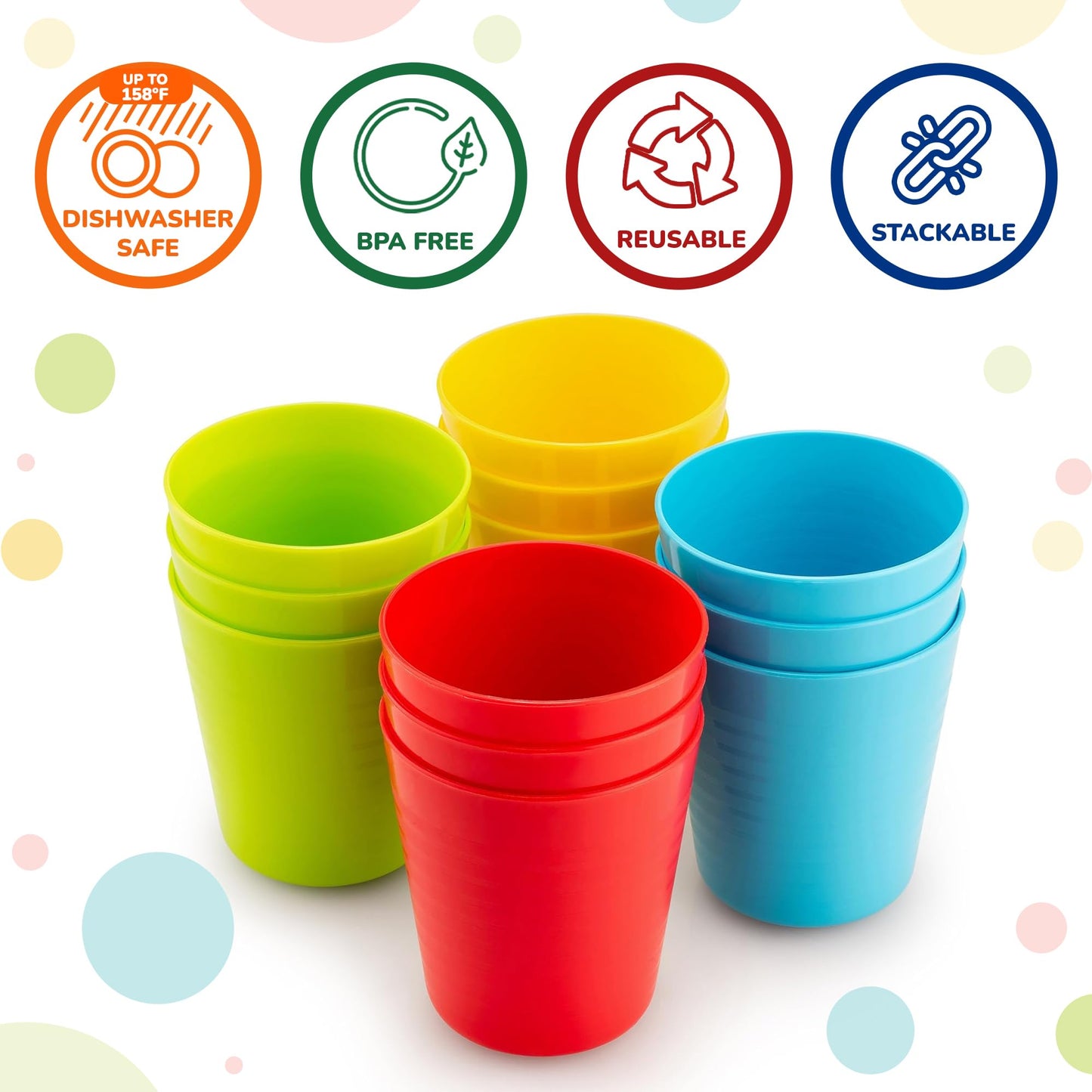 PLASKIDY Kids Cups - Set of 12, 8 oz Plastic Cups Reusable - Dishwasher Safe - BPA-Free for Kids & Toddler
