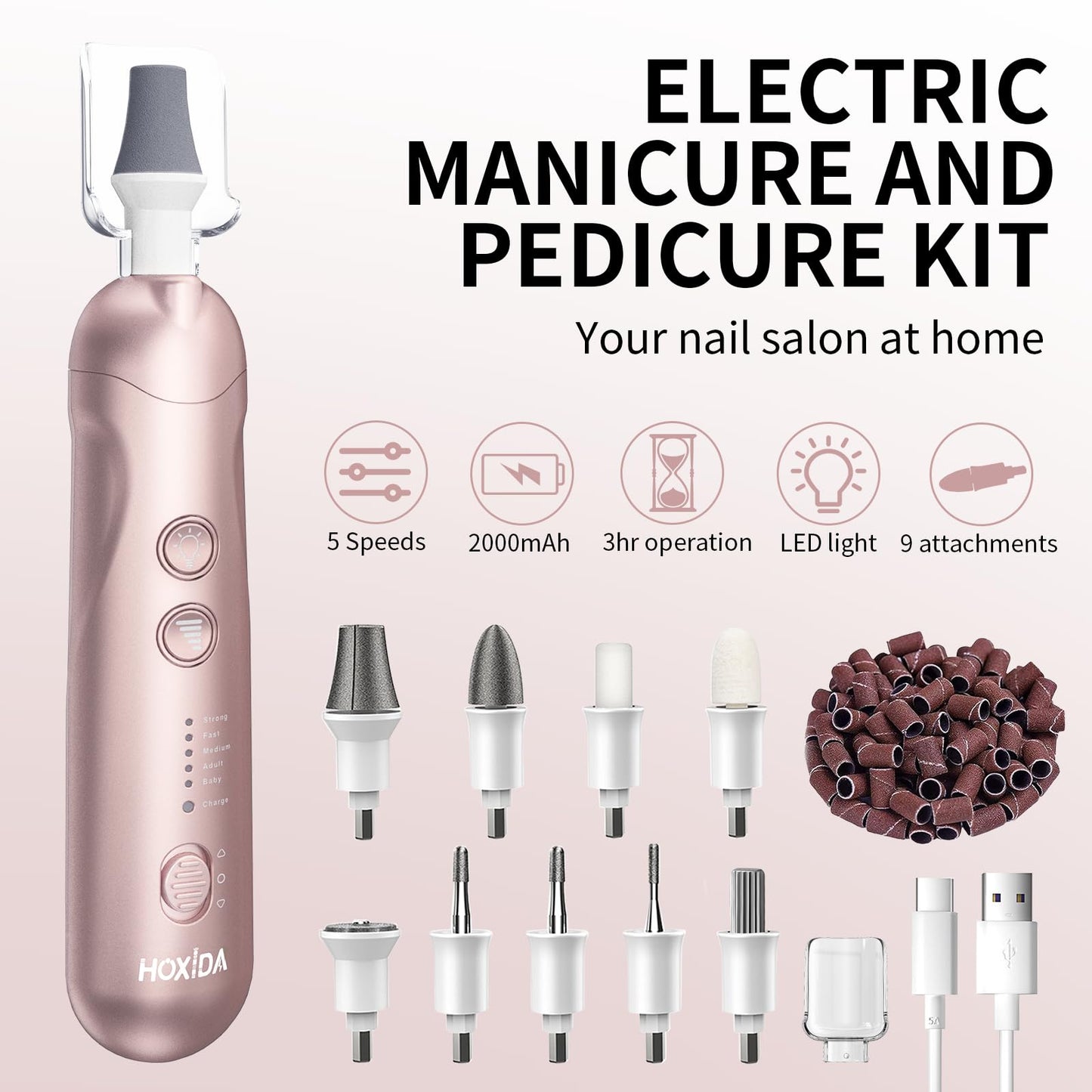 Manicure Pedicure Kit with Case, Professional Nail Grinder for Senior Thick Toenail, Cordless Electric Nail File, 5 Speeds Pedic