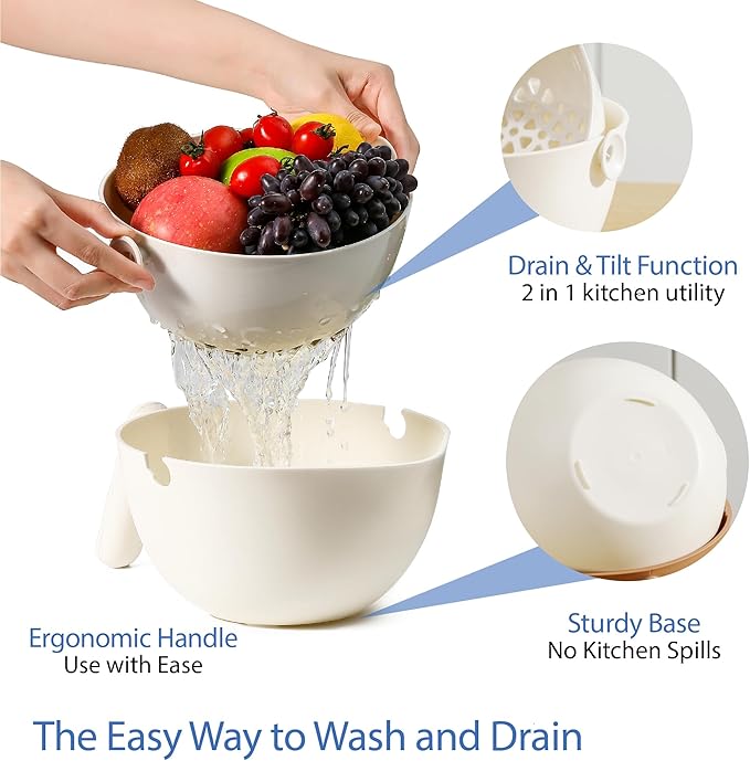 Chef's Path 2 in 1 Kitchen Strainer and Colander for Kitchen, Multifunctional Food Strainer Set, BPA Free Plastic Colander with Handle, Pasta Drainer, Veggie and Fruit Cleaner - White