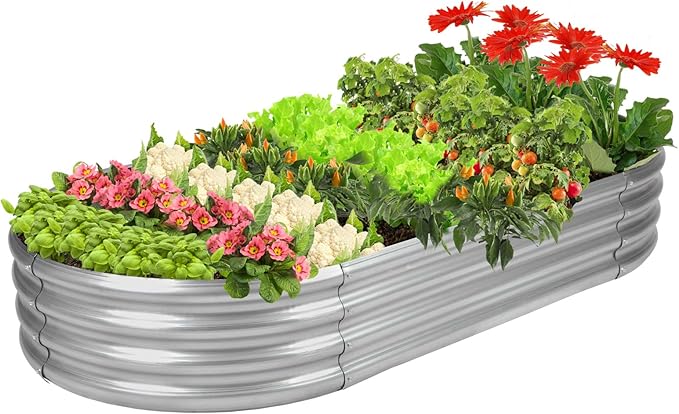 Rakukiri Raised Garden Bed Galvanized Planter Box Outdoor, 5ft Oval Large Rot-Resistant Metal Garden Bed Planter for Veget...