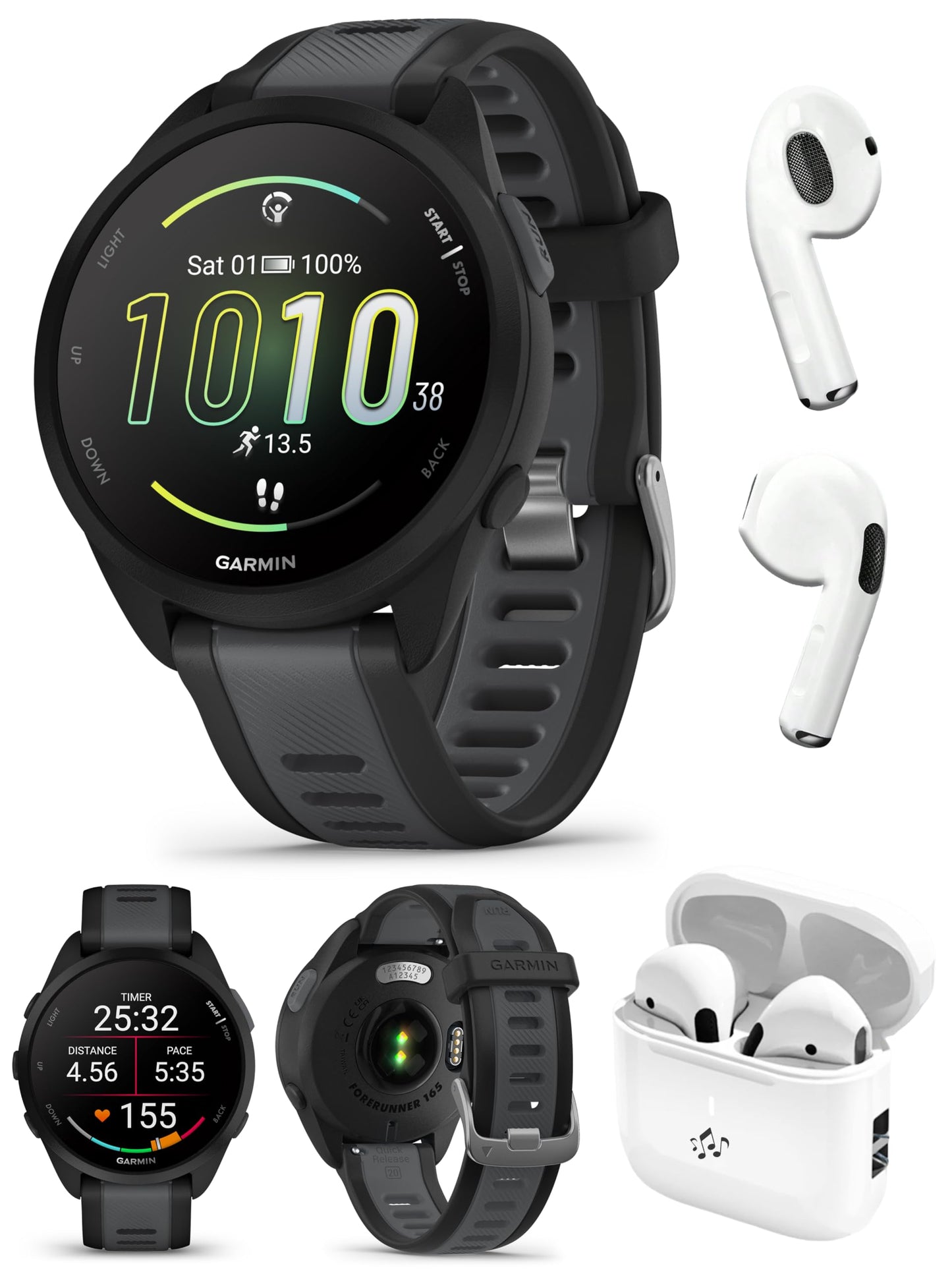 PlayBetter Garmin Forerunner 165 (Black/Slate Gray) Running GPS Smartwatch Bundle - AMOLED Touchscreen, 11-Day Battery, Training & Recovery Wireless Running Earbuds