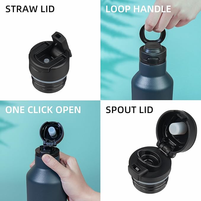 BJPKPK Insulated Water Bottle With Straw 17oz Stainless Steel Water Bottles With 2 Lids And Carry Handle Reusable Travel Metal Thermal Flask,Navy Blue