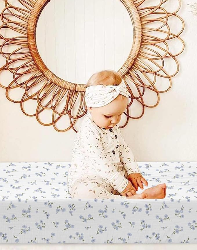 Changing Pad Cover for Baby Boy Girl 2 Pack, Muslin Changing Table Pad Covers with Boho Style, Neutral Nursery Bedding Essentials Soft and Breathable (Bluebell Bloom & Light Blue)