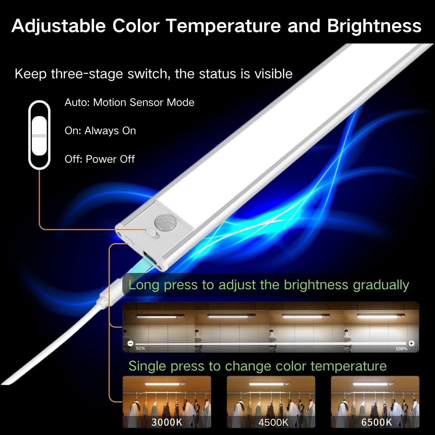 Sanofuturion Motion Sensor Under Cabinet Lighting-Magnetic Rechargeable Closet Lights For Kitchen Stairs Wardrobe | 3-Color Dimmable Led Under Counter Lighting | Pro Battery Upgrade (2  8 Inch)