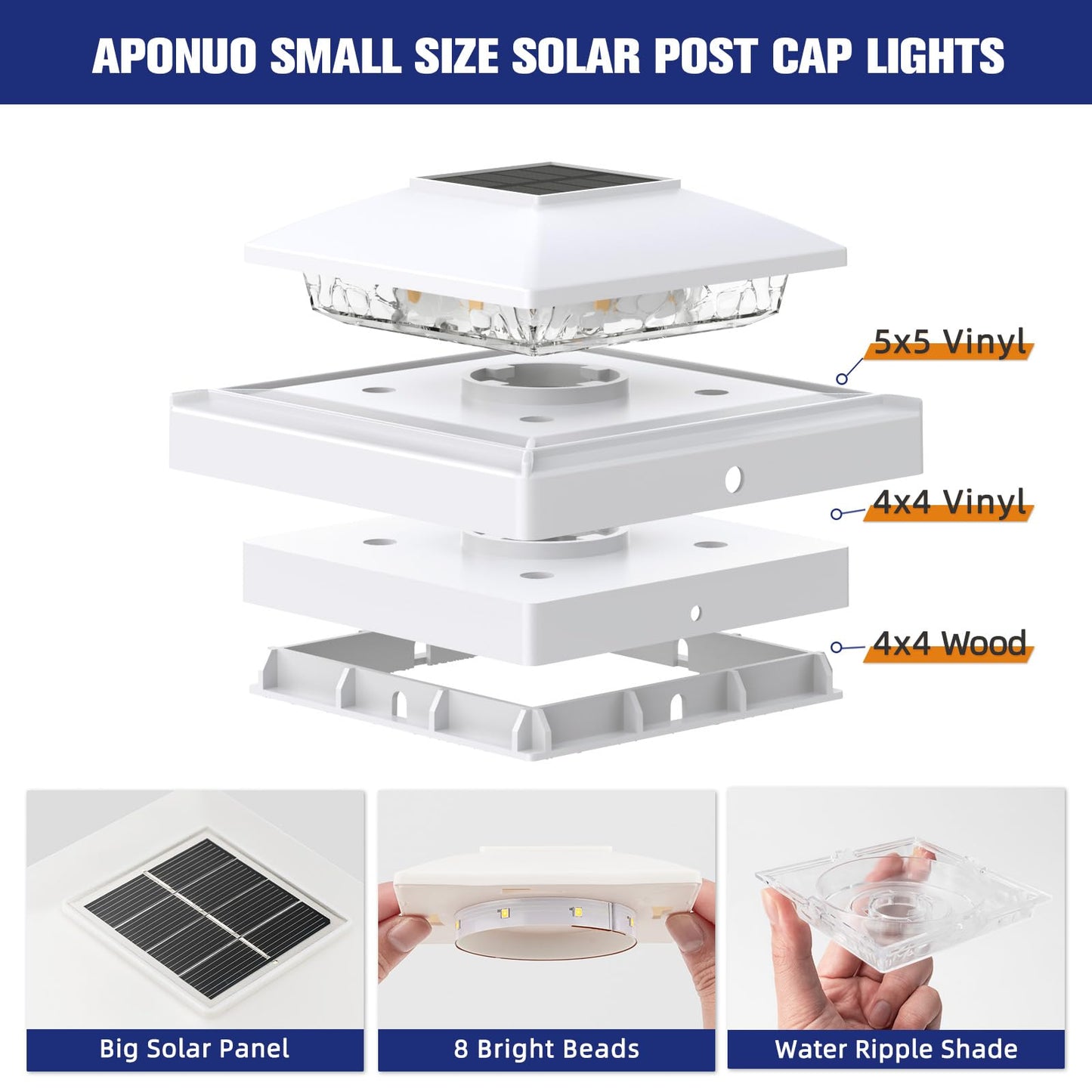Aponuo Solar Post Cap Lights For 4X4 Wood & Vinyl Posts  Ip44 Waterproof Cool White Led 4X4 Post Solar Lights  Outdoor Garden Patio Yard Decor  8 Pack (White)