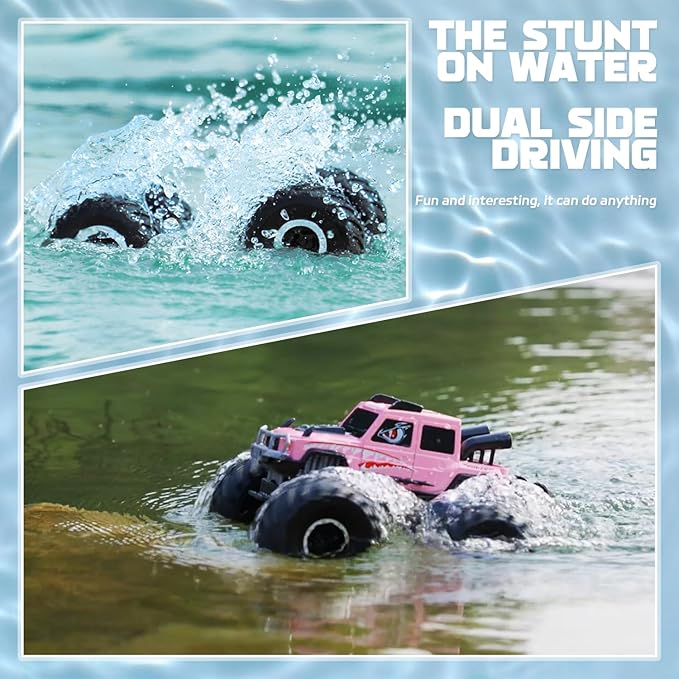 Amphibious Remote Control Trucks,2.4G 1:18 4WD All Terrain Off-Road Waterproof Monster RC Cars Pool Toys Hobby RC Vehicle Christmas Birthday Gifts for Kids Boys Girls 8 9 10 11 12+ Pink