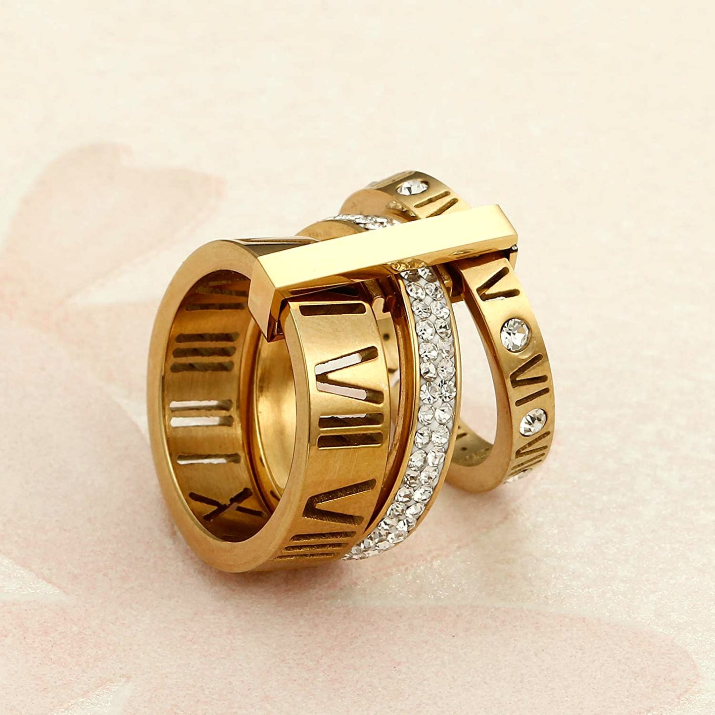 Jarlinwel Stainless Steel CZ Zirconia Roman Numeral Ring For Women Stacking Thumb 3 in 1 Spinner Rings (Gold, 7 Runs small)