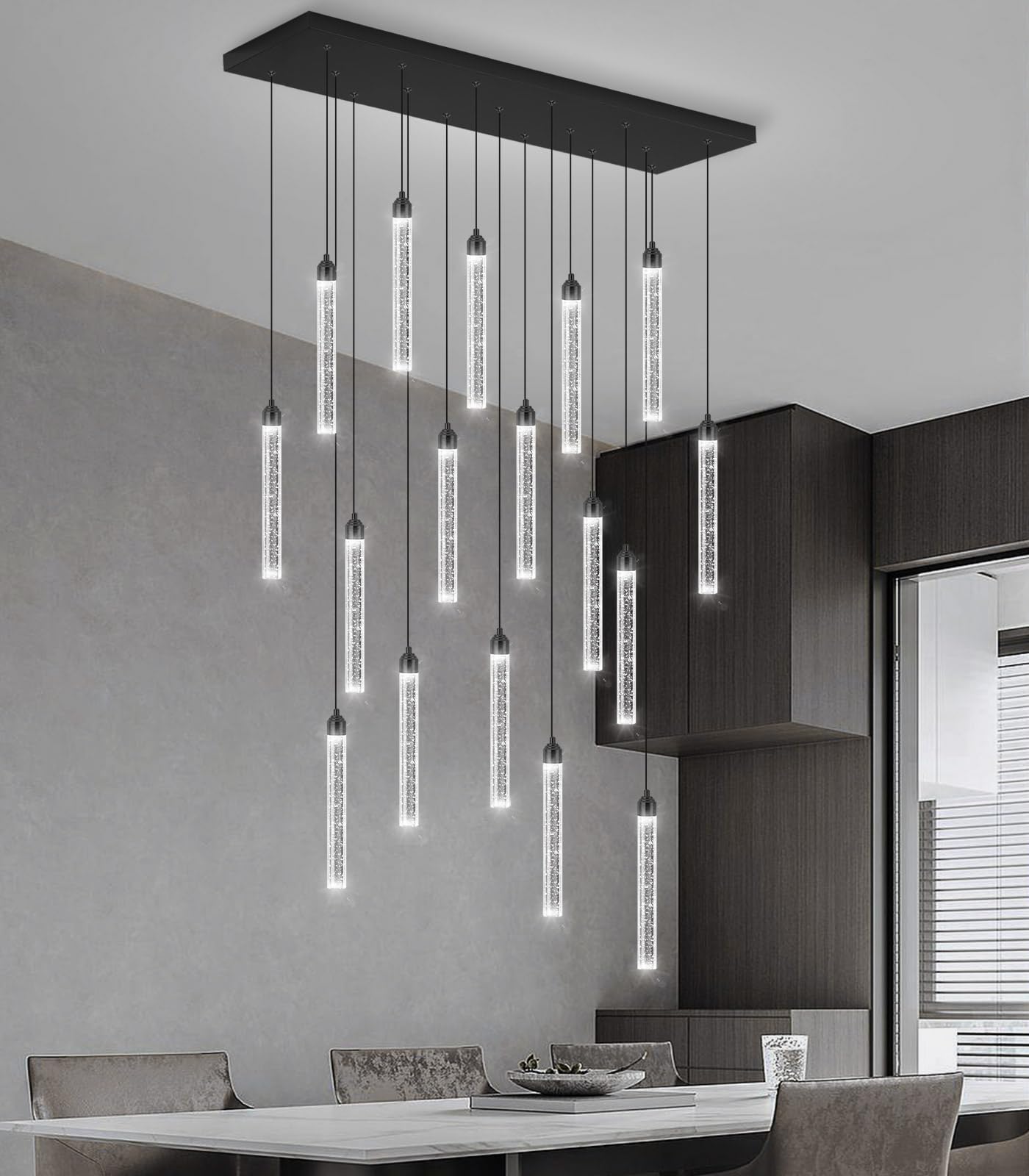 Rectangular Chandeliers 17-Lights Long Light For Entryway Led Dimmable Chandeliers Lighting Fixture Flat Sloped High Ceiling Pendant Lights Crystal For Living Room Foyer Hallway Staircase Black