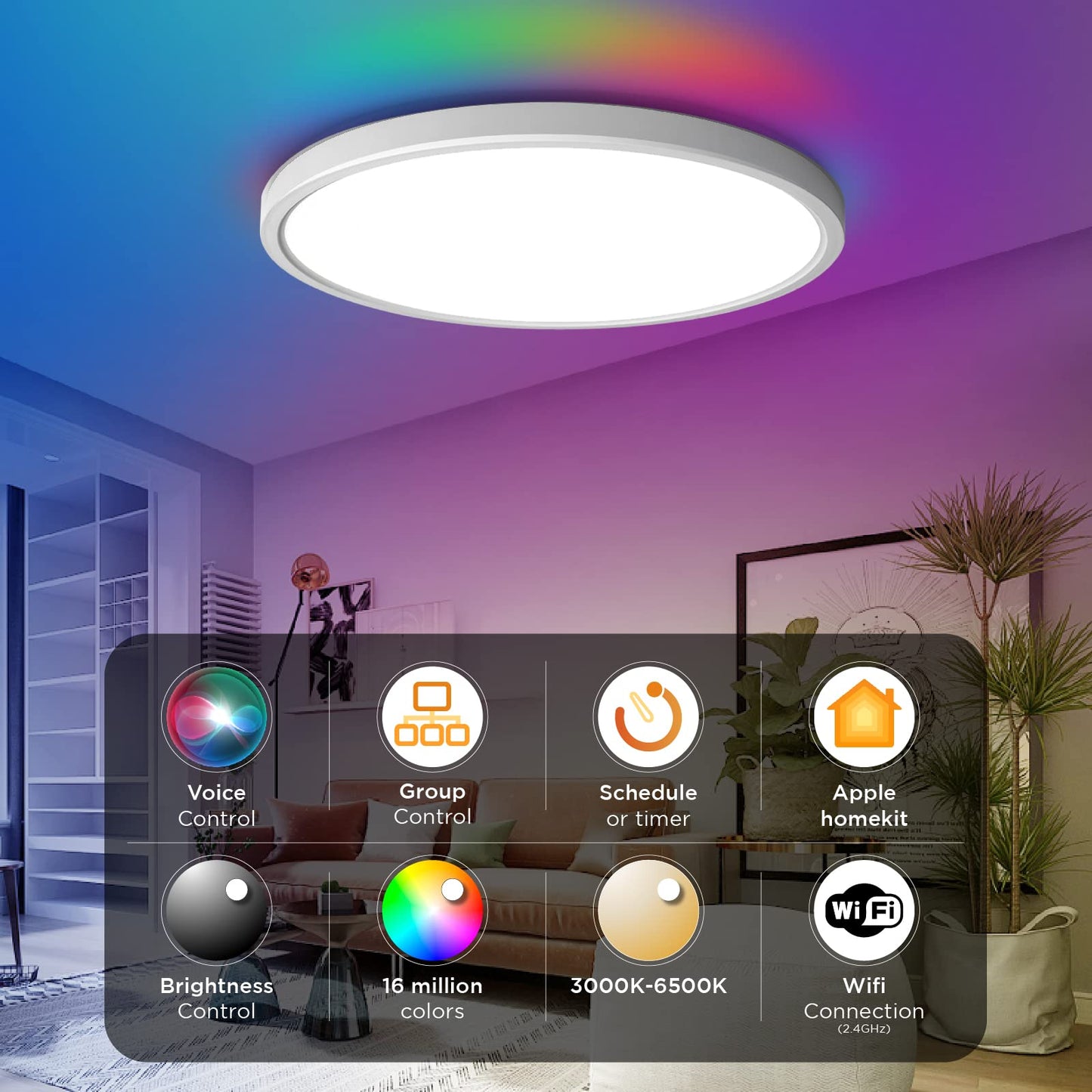 Taloya Smart Led Flush Mount Ceiling Light, 12 Dimmable 3000-6500K, White, Rgb Color Changing, Homekit/Siri Compatible, Model G2 300
