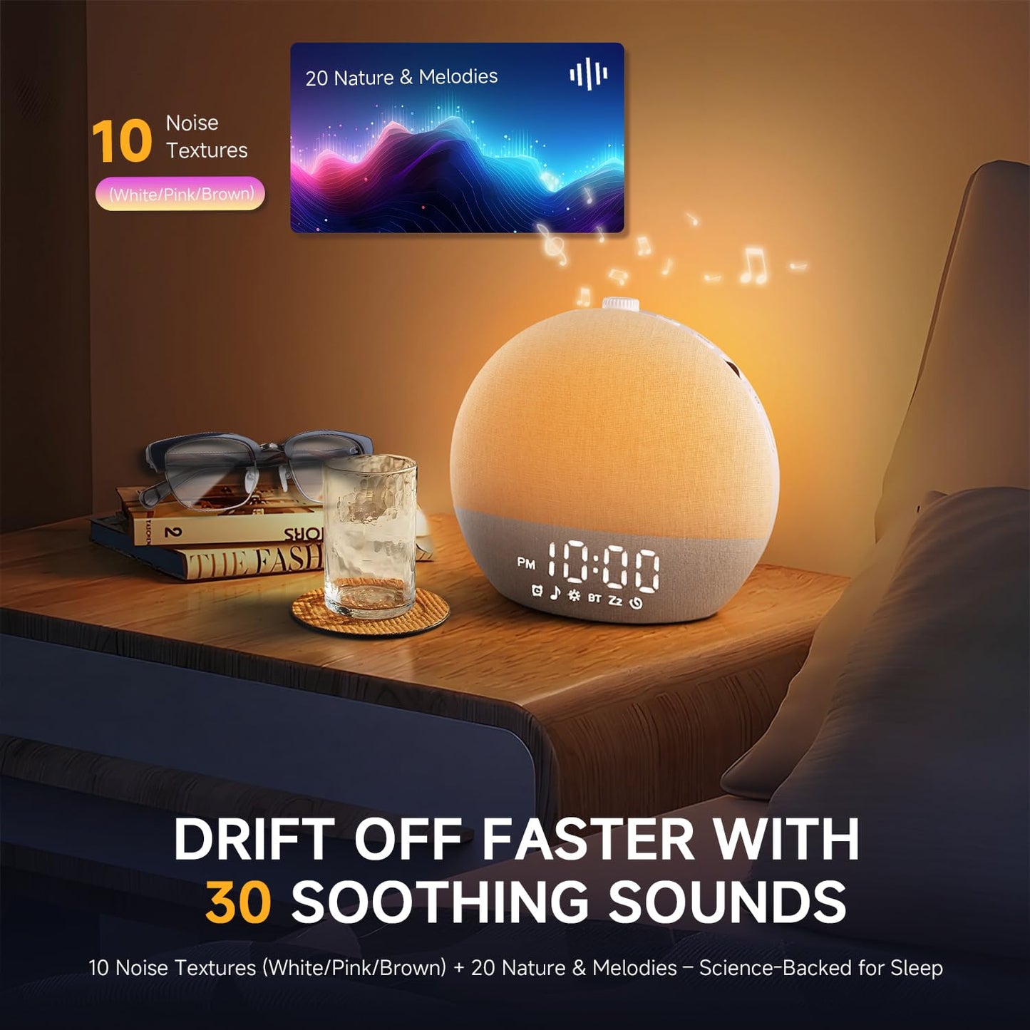 Geuuap Sunrise Alarm Clock White Noise Sound Machine for Bedroom | Natural Wake-Up Light with 30 Soothing Sleep Aids, Bluetooth Speaker, Dimmable Clock, Screen-Free Design for Baby Adults Kids-White