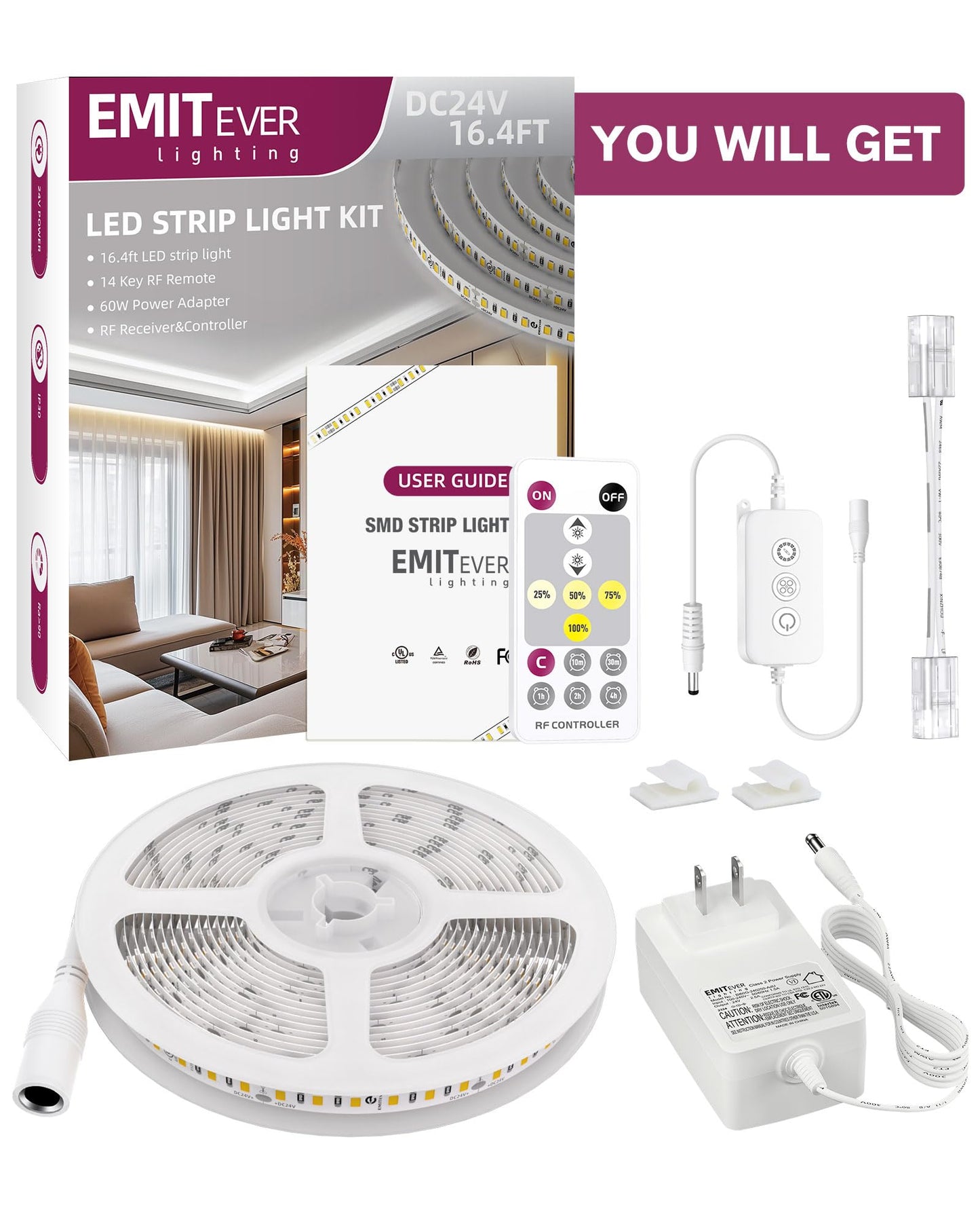Emitever Led Strip Lights Kit Warm White With Remote & 24V Power Supply 16.4Ft Dimmable Tape Light 3000K  High Density 600Leds  240+Lm/Ft  Cri95+  Suitable For Bedroom Kitchen Under Cabinet Lighting