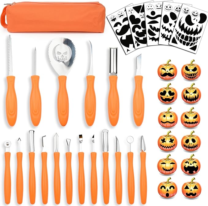 Upgraded 18 PCS Pumpkin Carving Kit Halloween Professional Heavy Duty Punkin Carver Knives and Tools with Carrying Case for Adults & Kids with Professional Sculpting Set