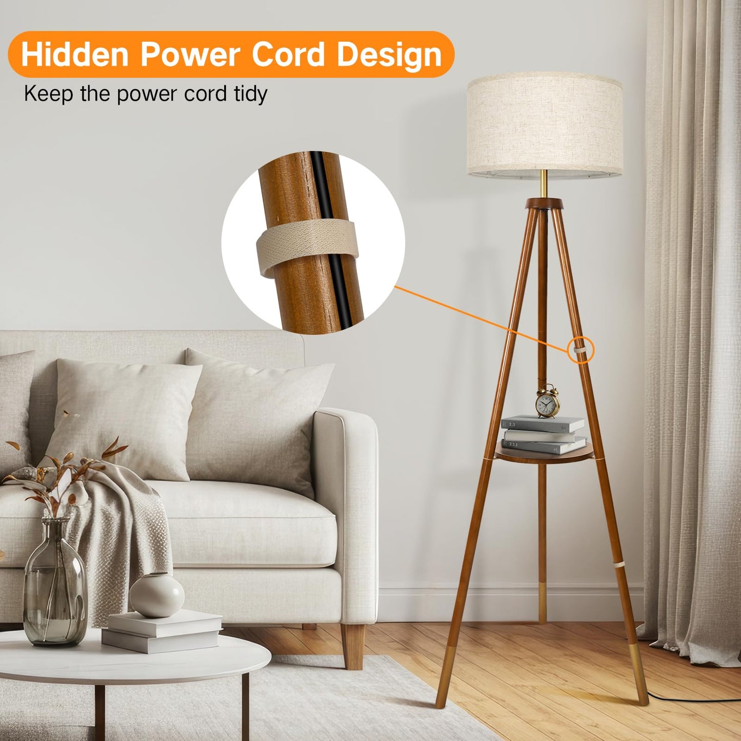 OUTON Wood Tripod Floor Lamp with Remote Control, Dimmable LED, 4 Color Temperatures, Walnut & Gold