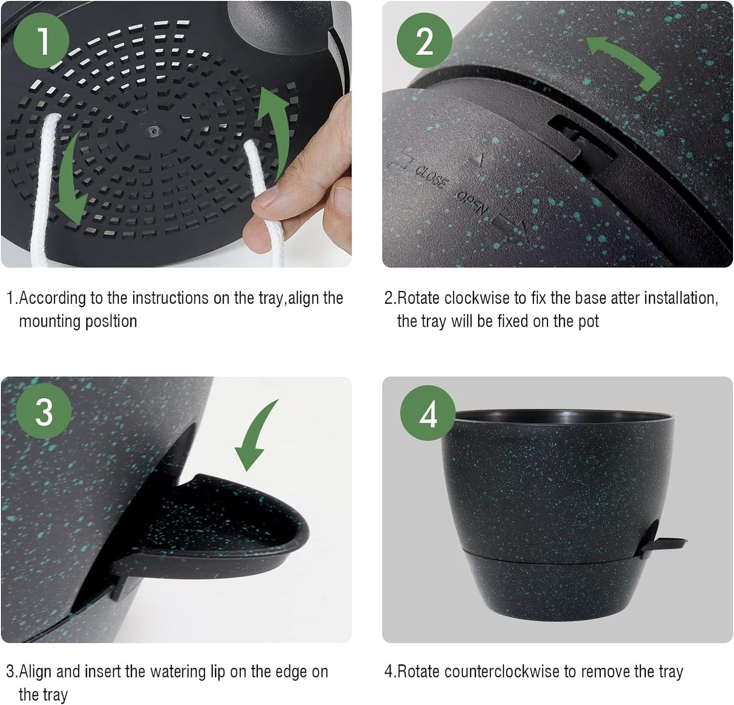 10/9/8 inch Self Watering Pots, Set of 3 Plastic Planters with Mesh Drainage Holes and Deep Reservoir for Indoor Outdoor Garden Plants and Flowers, Black with Green Speckles