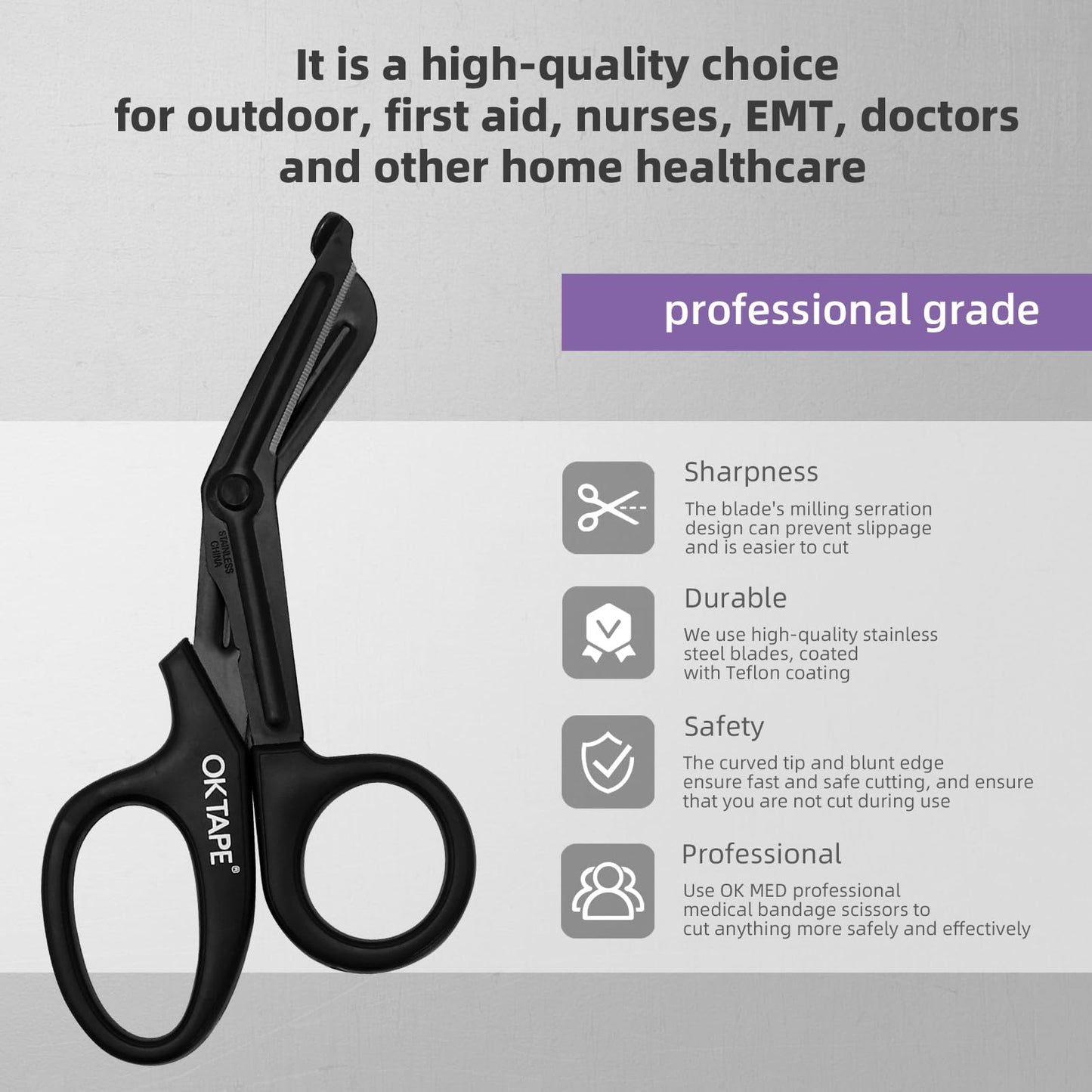 OK TAPE Shears - Bandage Scissors，Medical Scissors, EMT Trauma Shears, Non-Stick Scissors, First Aid Outdoor Stainless Steel Teflon, Black Handle and Black Coated Blades, 1 Packs