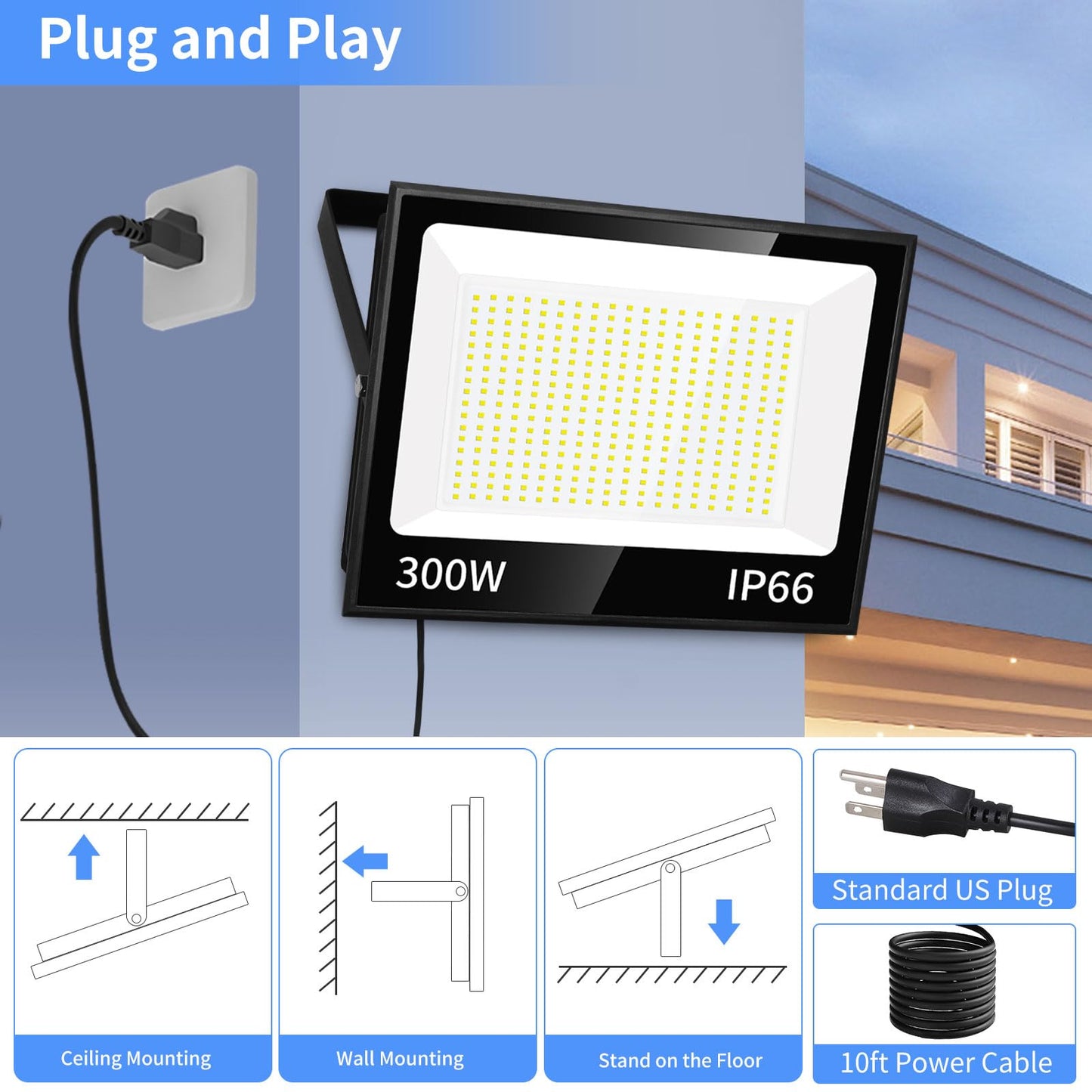 Isuerfy 300W Led Flood Light, 36000Lm, Ip66 Waterproof, 5000K Daylight White, Outdoor Plug-In, 2 Pack, Black/Clear