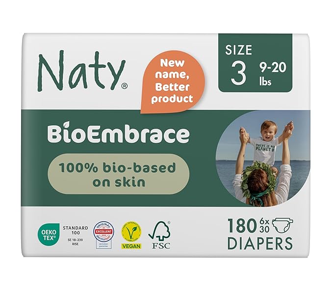 Naty BioEmbrace Baby Diapers Size 3 (9–20 lbs) | 100% Biobased on Skin | Plant-Based Softness | Dermatologically Tested, Super Absorbent | 180 Count