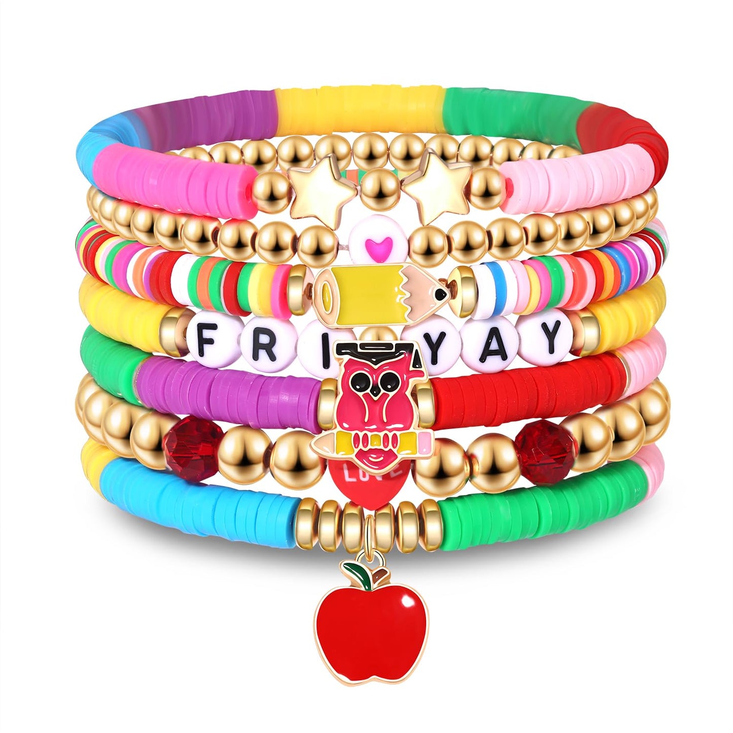 XOCARTIGE Teacher Bracelets for Women Stackable Teacher Heishi Clay Bracelet Colorful Beaded Strech Bracelets Teacher Accessorie