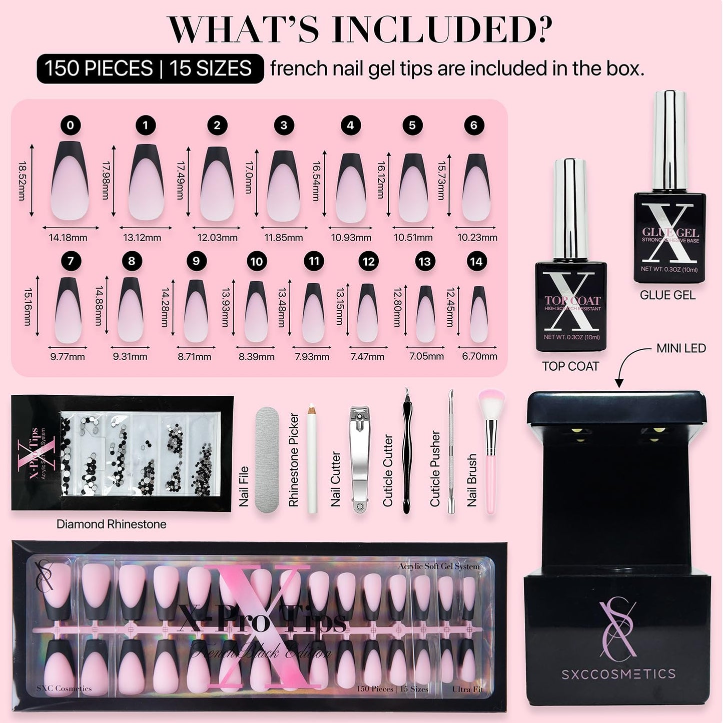 SXC Cosmetics French Tip Press On Nails - Black Series, Medium Coffin, X-Pro Tips Starter Kit | 150PCS, 15 Sizes, 5 Styles, Begi