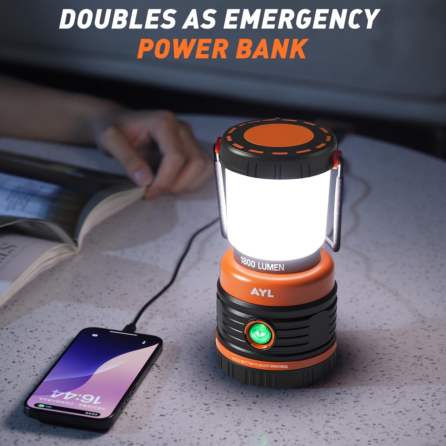 Ayl Led Camping Lantern, 1800 Lumens, Rechargeable, Ip44 Waterproof, Black And Orange, Model Slr1000, Usb Cable Included