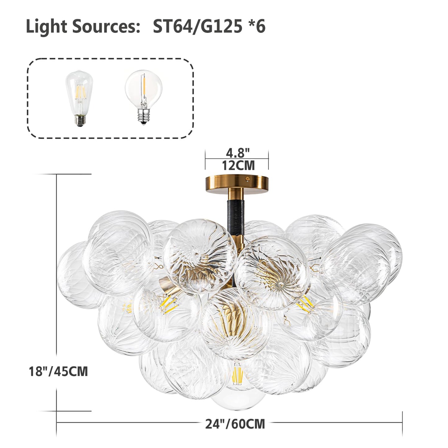 YIHANTLZ Bubble Ball Chandelier, 24in Modern Hand Blown Glass Ceiling Light, Black, Model LR1595BG-6TOU
