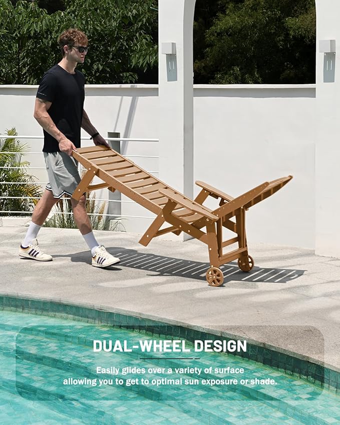 Lounge Chair Outdoor Set of 4 with Wheels, Adjustable 6-Position Chaise Lounge Outdoor, Patio Lounge Chair for Poolside Backyard, Teak