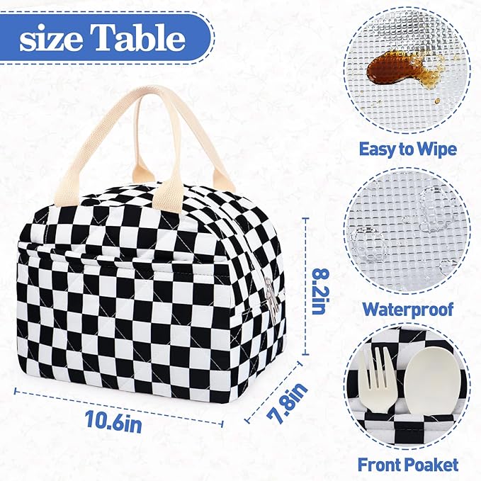 Cotton Quilted Insulated Lunch Bag, Cute Quilted Floral Lunch Tote Bags Reusable Insulated Lunch Box Coquette Aesthetic Large Capacity Insulated Cooler for Women Work Travel Picnic (Checkered-Black)