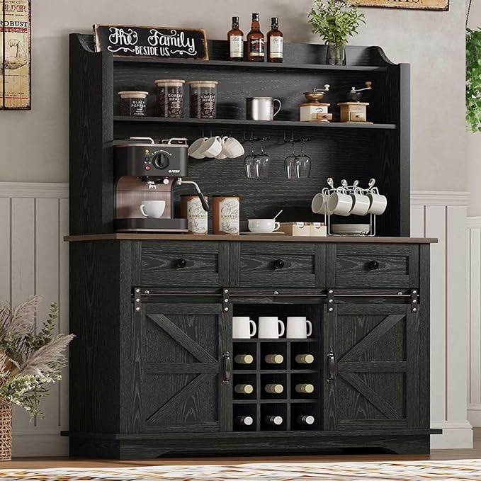 63 Inch Tall Coffee Bar Cabinet with 3-Tier, Kitchen Hutch with 3 Large Drawers, Farmhouse Coffee Bar with 9 Wine Racks & 3 Glass Holders, Wine Storage Cabinet for Living Dining Room, Black
