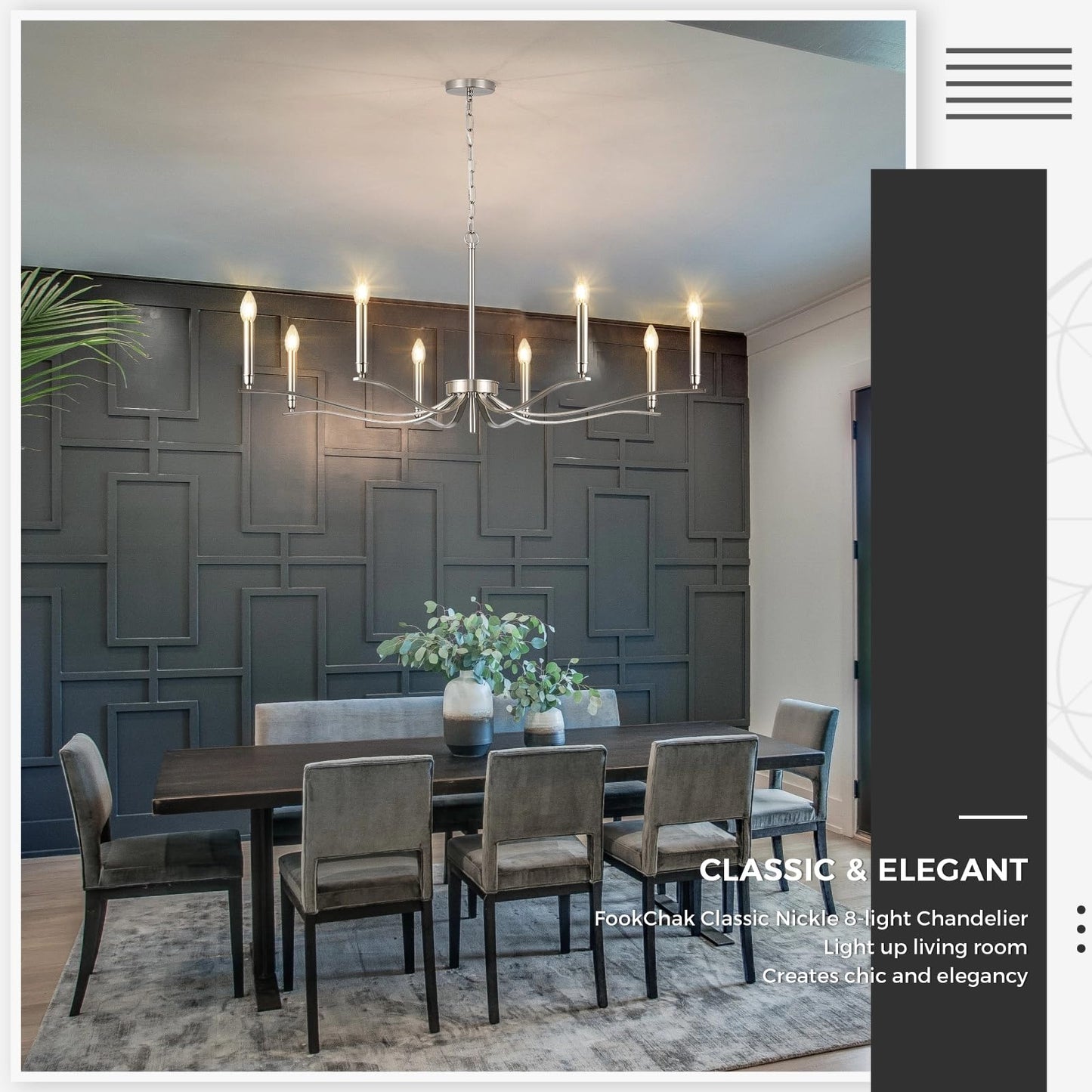 Fookchak Nickel Chandeliers For Dining Room  8-Light Chandelier Light Fixture Over Table Modern Candle Chandelier 44In Master Bedroom Chandeliers Lighting For Entry Foyer Bathtub Living Room