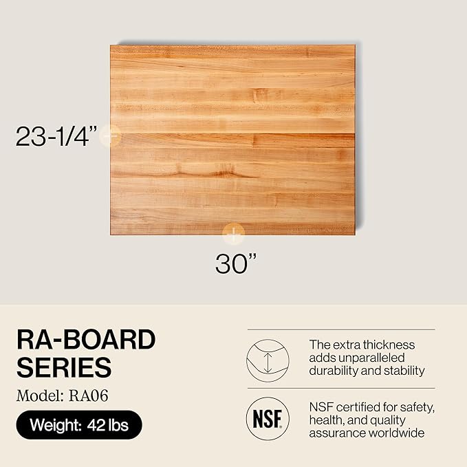 John Boos RA-Board Series Rectangular Wooden Maple Cutting Board 30”x23.25” – 2.25” Thick, 42-lb Reversible Butcher Block with Edge-Grain & Finger Grips – Made in the USA