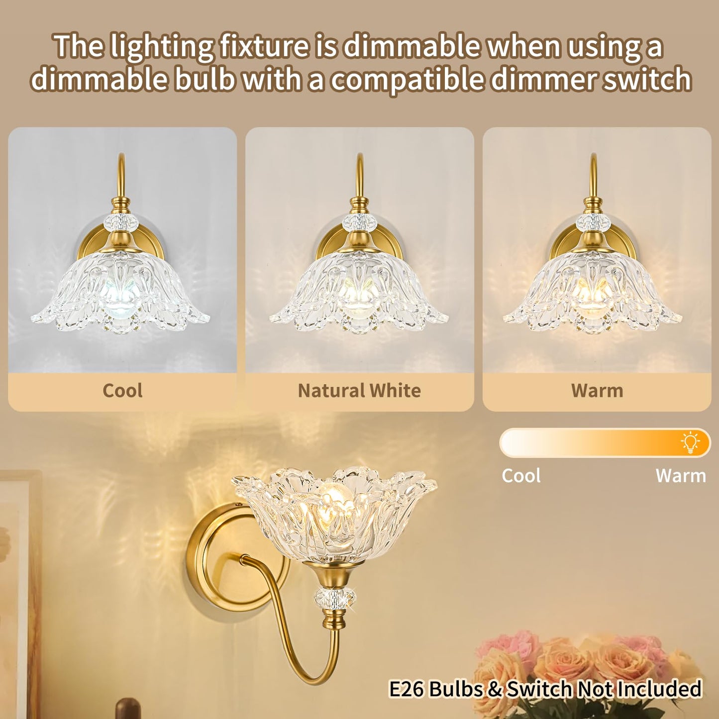 Sunkryster 1 Piece Gold Wall Sconce With Floral Clear Glass Shade  Brushed Gold Finish Wall Mount Lighting For Bathroom Vintage Bathroom Vanity Light Fixtures