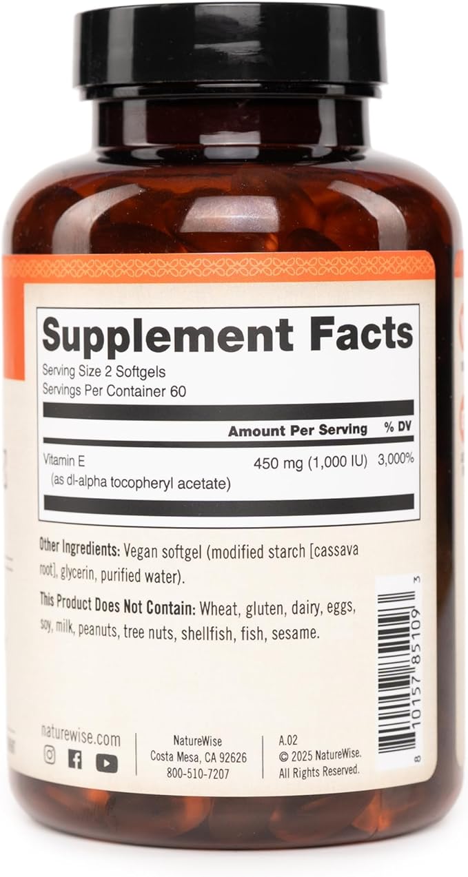 NatureWise Vitamin E 1000 IU Softgels (450mg dL-Alpha) - Vegan, Gluten-Free, Soy-Free, Non-GMO Antioxidant Dietary Supplement for Skin, Heart, Eye, and Immune Health Support - 60-Day Supply, 120 Count