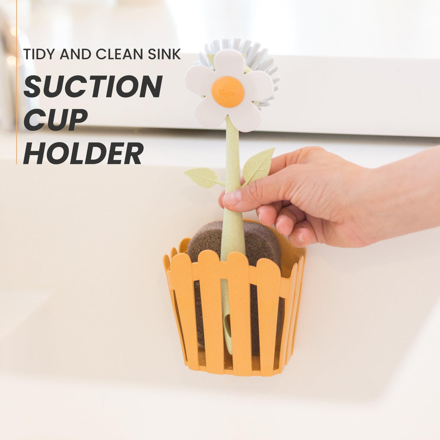 Vigar Florganic 3-in-1 Kitchen Sink Caddy Set, Flower-Shaped Dish Brush, Sponge, Fence-Shaped Holder and Suction Cup, Ideal Sink Organizer, Orange