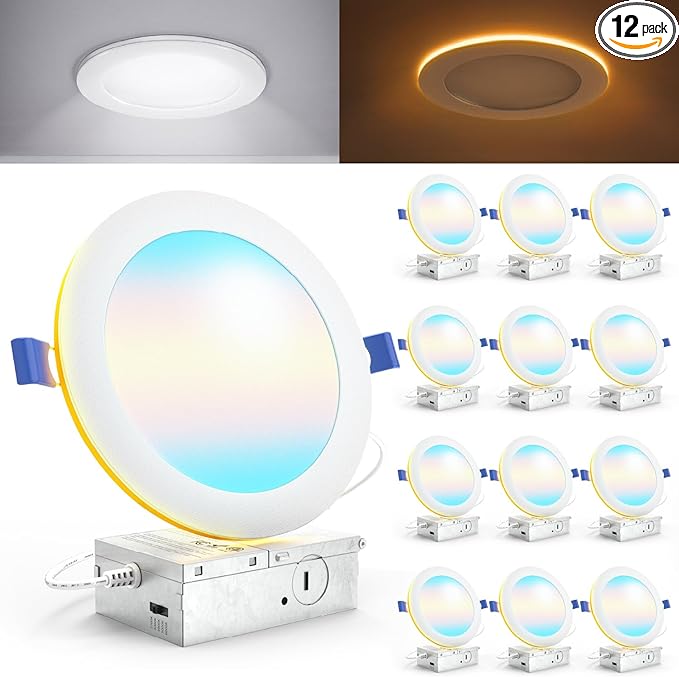 Sunco 12 Pack 6 Inch LED Recessed Light with Night Light, Canless Recessed Lighting, 1500 LM, 15W (150W Equivalent), Selec...