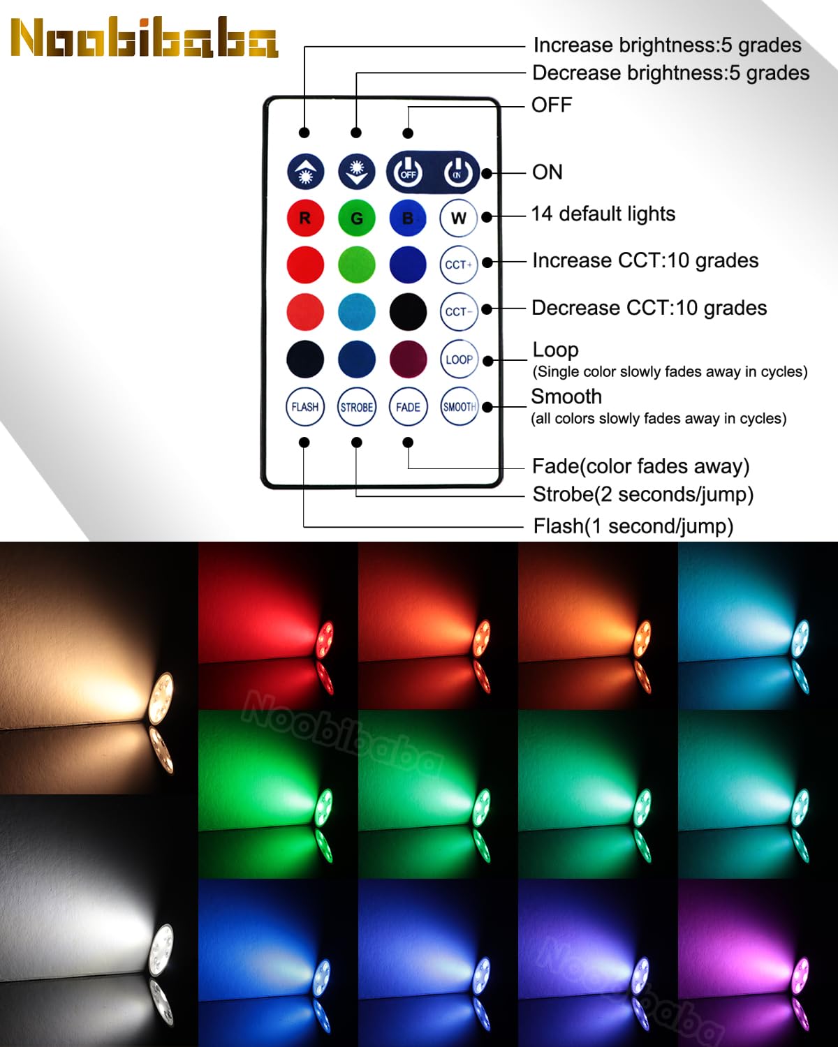 Noobibaba GU10 LED Bulbs, Color Changing RGB + Adjustable White 2700K-6000K, 5W, Model GU10-5W-D, 3-Pack