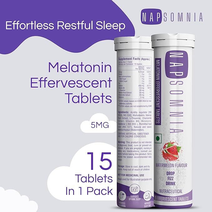 Melatonin Effervescent Tablets (Watermelon, 15 Count) – Dissolvable Melatonin Capsules w/ L-Theanine, Chamomile, & More - Sleep Aid Supplement for Adults - Vegan, Non GMO Melatonin Supplement