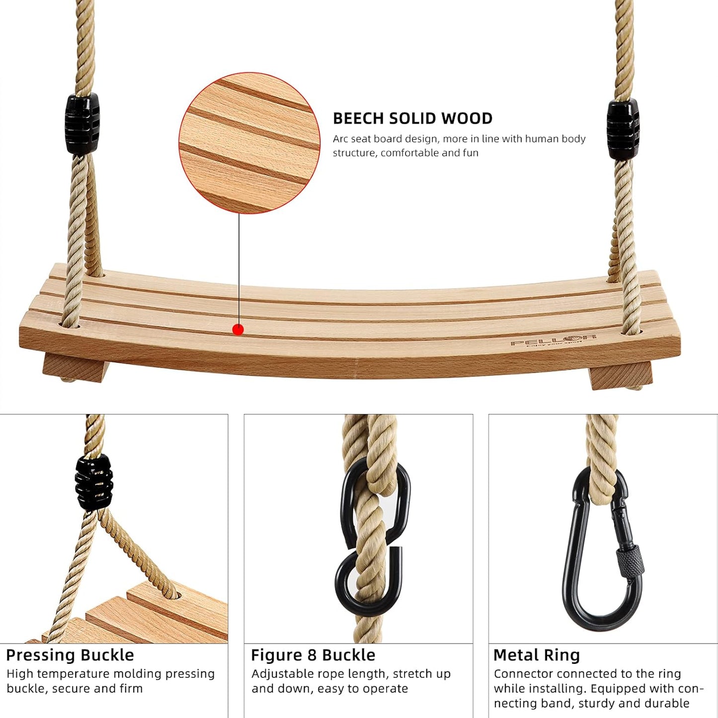 Pellor Wood Tree Swing Seat,Indoor Outdoor Rope Wooden Swing Set for Children Adult Kids 17.7x7.9x0.6 inch