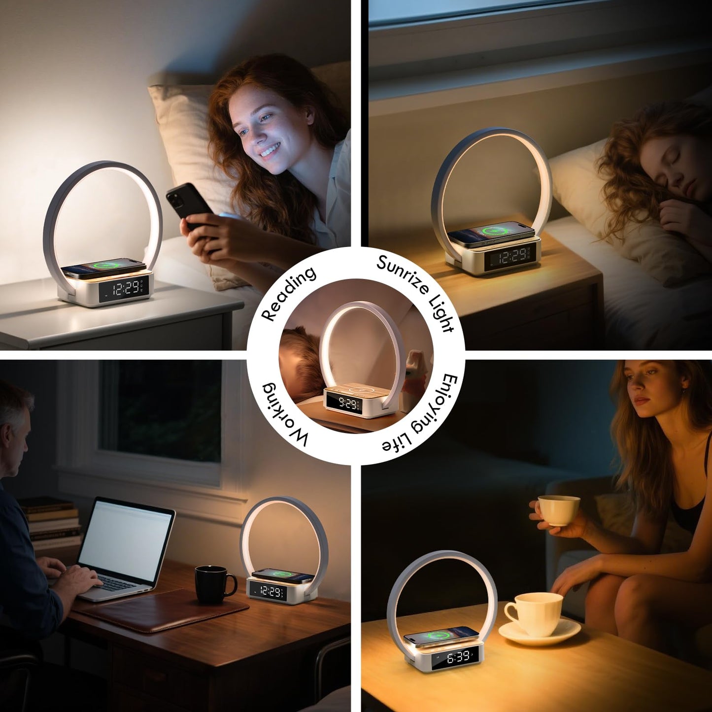 WILIT Bedside Lamp with Alarm Clock, Touch Control, Wireless Charger, Dimmable, Model B17, White/Brown