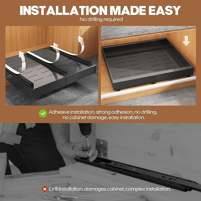 4 Pack Expandable (15.1"-26.3") Pull Out Cabinet Organizer 21" Deep With Raising Pad for Framed Cabinets,Upgrade 3 Slide Rails Slide Out Drawers,No Drill Roll Out Shelves Adhesive,Black