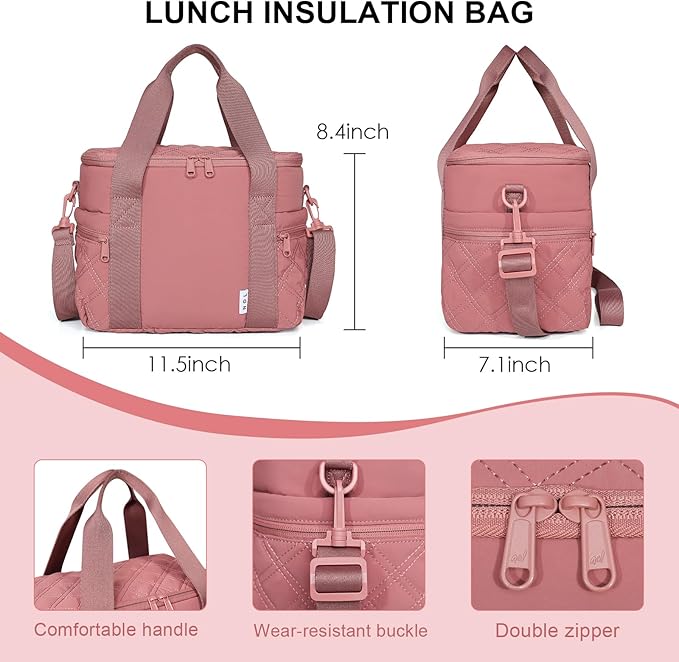 NOL Natural Organic Lifestyle Women's Nylon Lunch Cooler Cute Quilted Lunch Bag Large Leakproof Insulated Lunch Tote Bag for Work Picnic Travel,Dark Pink