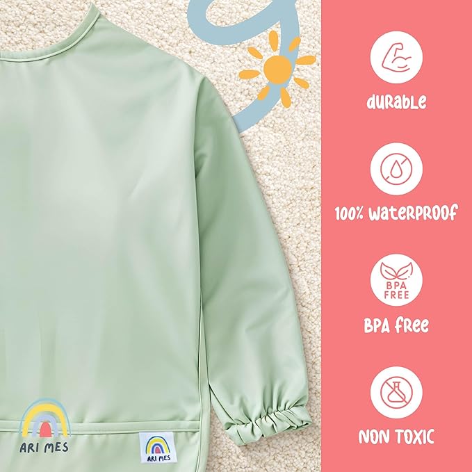 ARI MES Long Sleeves Waterproof Baby Bibs for Eating - Cars, Large- Wearable, Coverall for Toddler, Long Sleeve Bib, Smock for Toddler, Apron for Feeding - Applicable for 6-72 Months