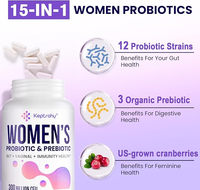 Vaginal Probiotics for Women - 300 Billion CFUs 12 Strains Probiotics with Prebiotic, Organic Cranberry Extract Daily Women's Probiotic for Vaginal, Urinary, Digestive, Gut, Immune Health, 60 Capsules