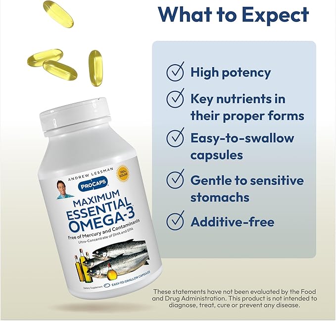 ANDREW LESSMAN Maximum Essential Omega-3 Unflavored, 30 Softgels - Ultra-Pure Omega-3 Fish Oil 1200 mg-High DHA, No Mercury Fish Oil Omega 3 Supplement-Small, Easy to Swallow Fish Oil Capsules