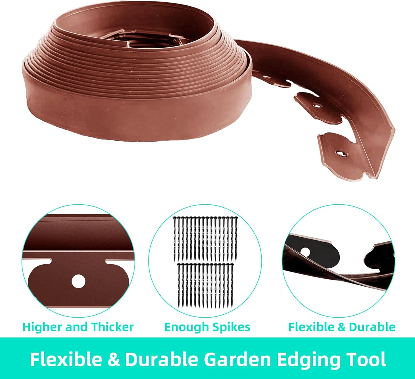 Landscape Edging Coil 66 FT, 2 Inch Tall Garden Edging Border Flexible Lawn Edging Kit with 60 Spikes, Plastic Edging for Landscaping Flower Beds Yard Pathway Paver Edging (2IN x 66FT, Brown)